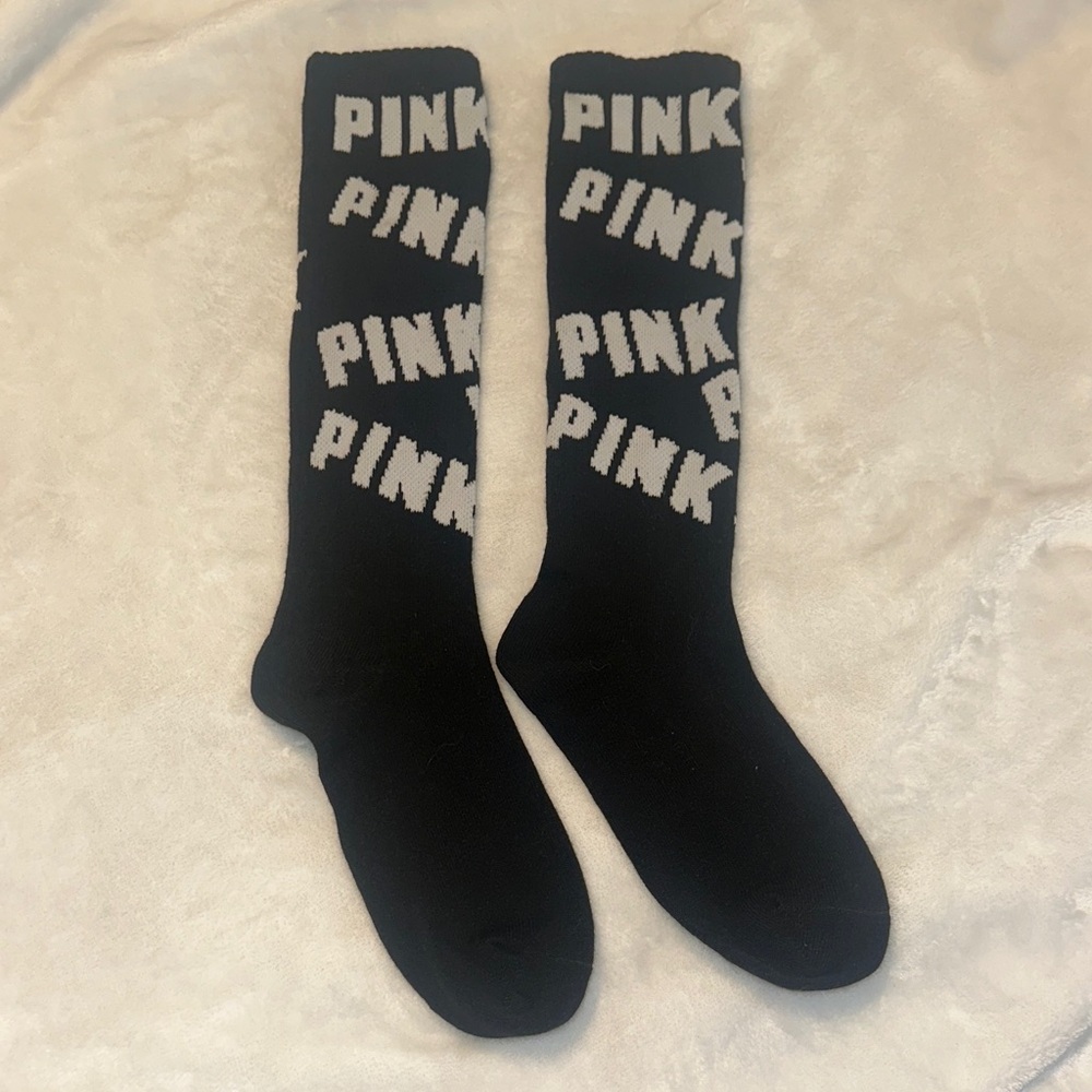 PINK Victoria's Secret Black Crew Socks with White PINK Repeat